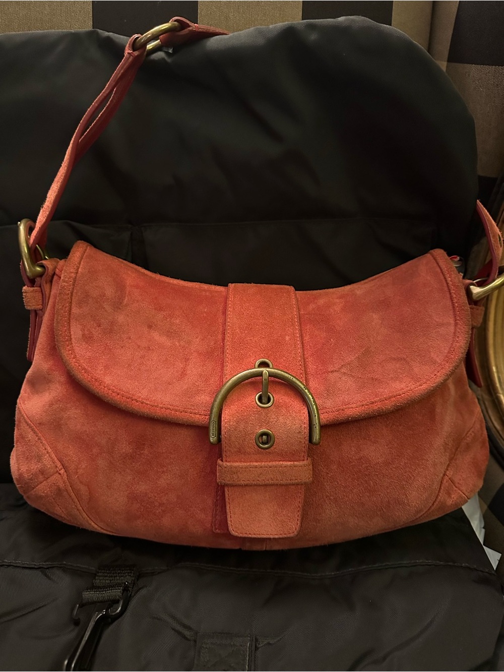 Coach Coral Suede Shoulder Bag with Brass Ring Buckle